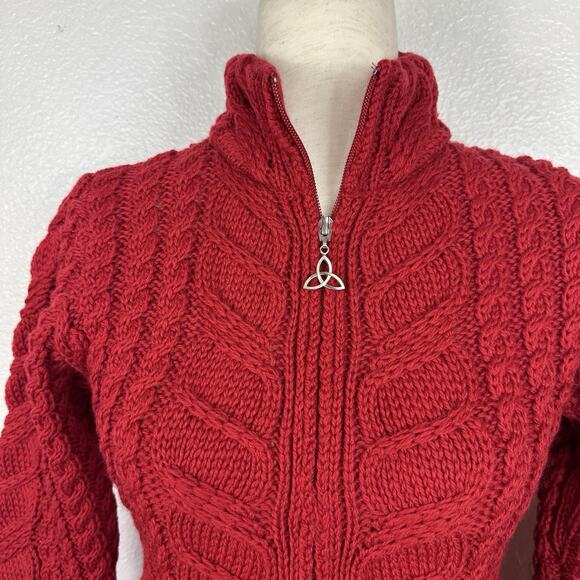 AranCrafts Ireland Sweater Women XS Red Merino Fisherman Cable Knit Cardigan - Picture 4 of 11